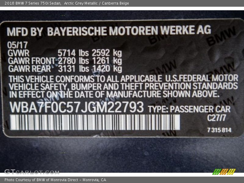 2018 7 Series 750i Sedan Arctic Grey Metallic Color Code C27