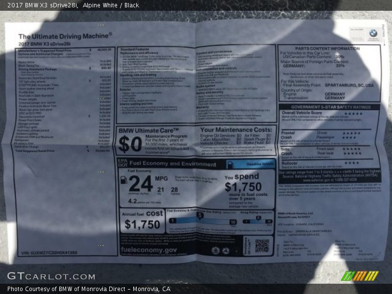 Alpine White / Black 2017 BMW X3 sDrive28i