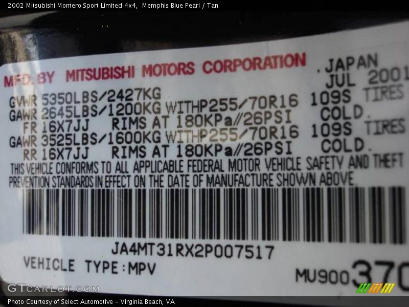 Memphis Blue Pearl / Tan 2002 Mitsubishi Montero Sport Limited 4x4