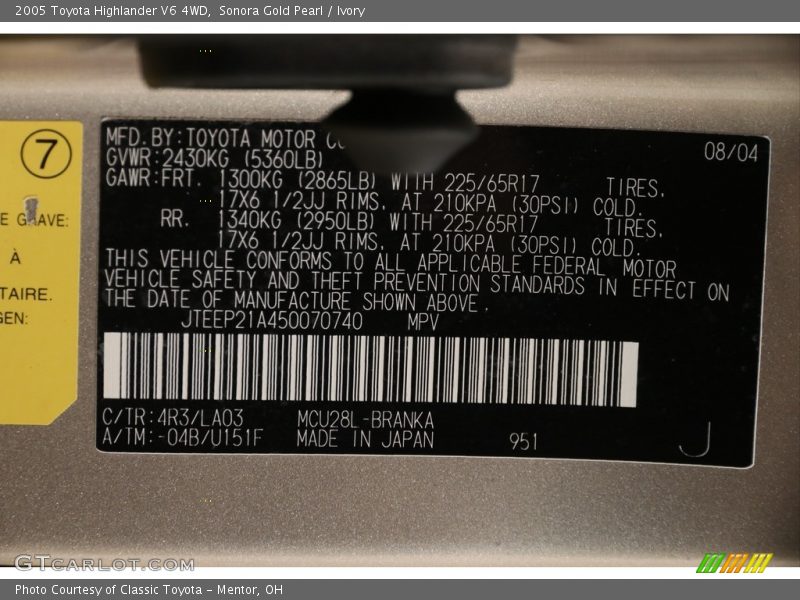 Sonora Gold Pearl / Ivory 2005 Toyota Highlander V6 4WD