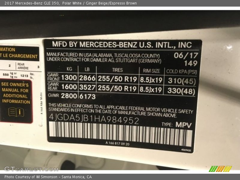 Polar White / Ginger Beige/Espresso Brown 2017 Mercedes-Benz GLE 350