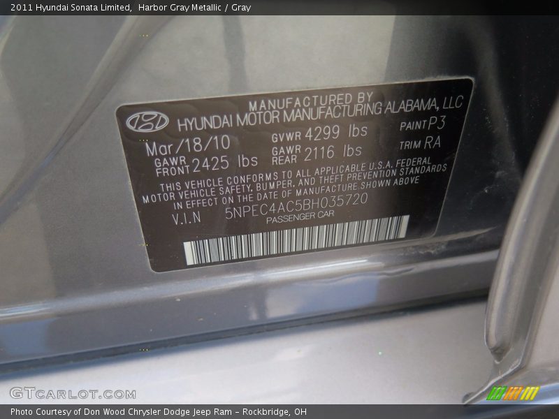 Harbor Gray Metallic / Gray 2011 Hyundai Sonata Limited