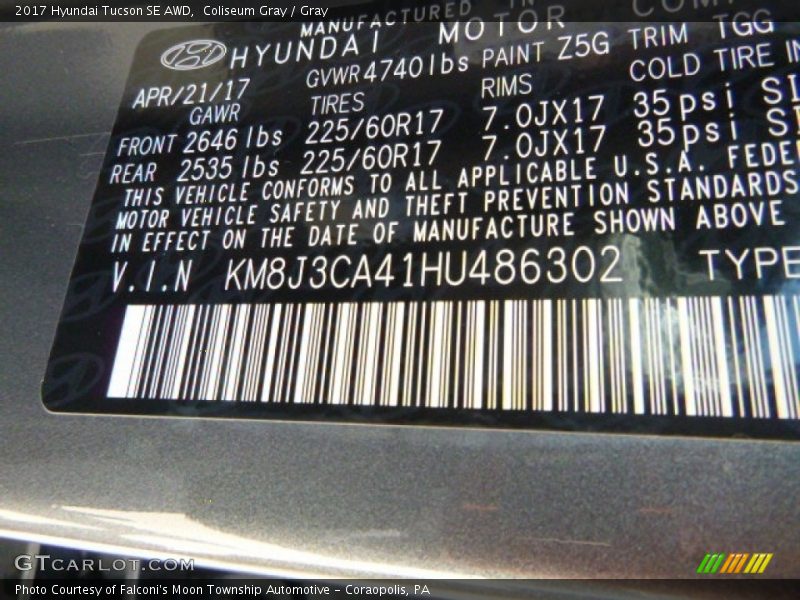 Coliseum Gray / Gray 2017 Hyundai Tucson SE AWD