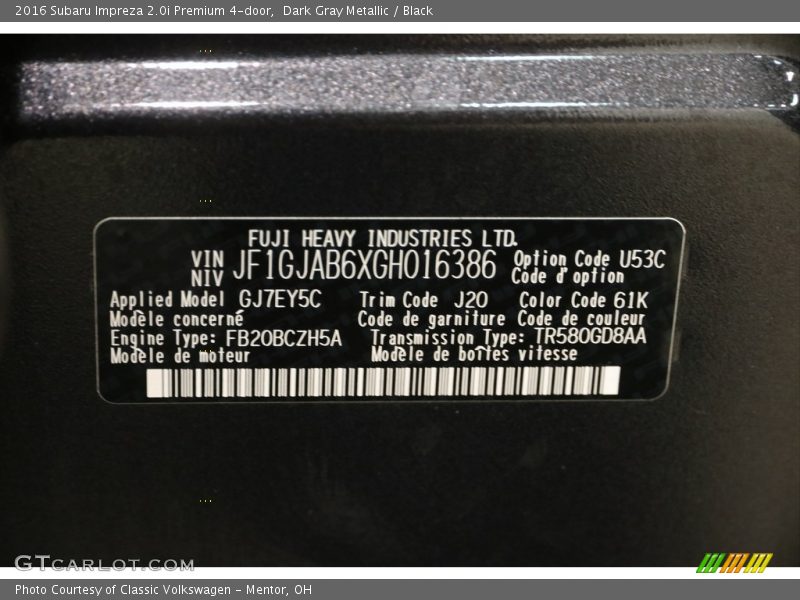 Dark Gray Metallic / Black 2016 Subaru Impreza 2.0i Premium 4-door
