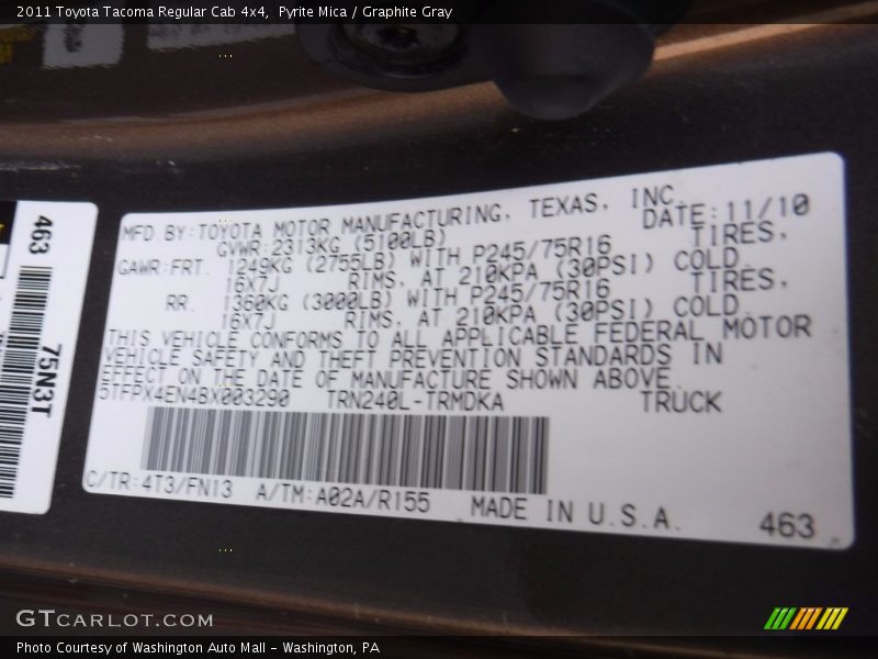 Pyrite Mica / Graphite Gray 2011 Toyota Tacoma Regular Cab 4x4