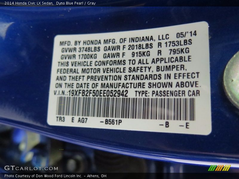 Dyno Blue Pearl / Gray 2014 Honda Civic LX Sedan