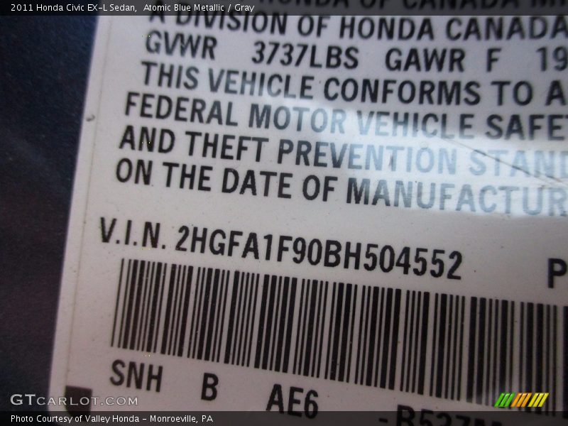 Atomic Blue Metallic / Gray 2011 Honda Civic EX-L Sedan