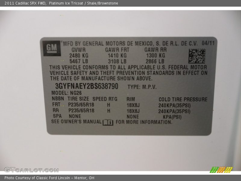Platinum Ice Tricoat / Shale/Brownstone 2011 Cadillac SRX FWD