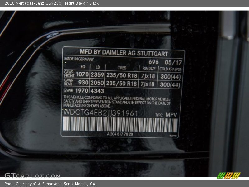 Night Black / Black 2018 Mercedes-Benz GLA 250