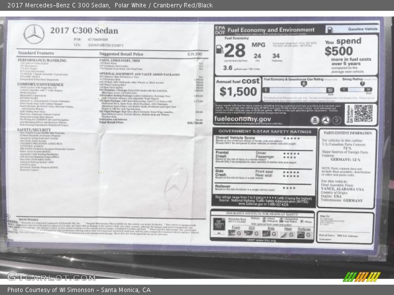 Polar White / Cranberry Red/Black 2017 Mercedes-Benz C 300 Sedan