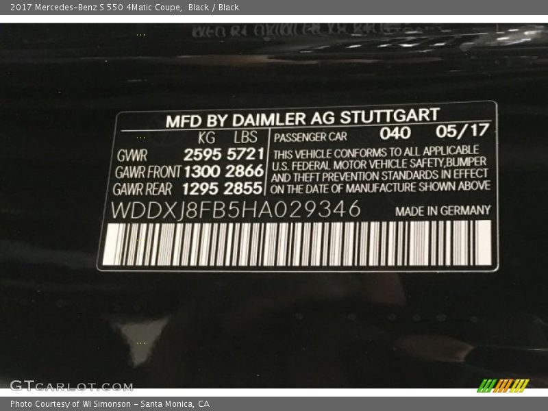 2017 S 550 4Matic Coupe Black Color Code 040