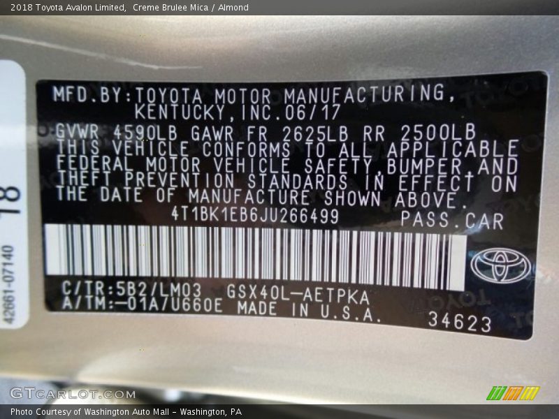 2018 Avalon Limited Creme Brulee Mica Color Code 5B2