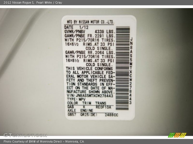 Pearl White / Gray 2012 Nissan Rogue S