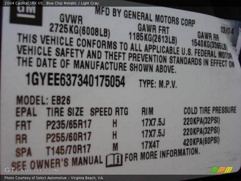 Blue Chip Metallic / Light Gray 2004 Cadillac SRX V6