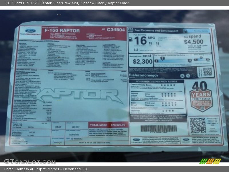  2017 F150 SVT Raptor SuperCrew 4x4 Window Sticker