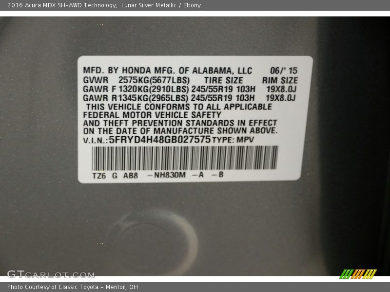 Lunar Silver Metallic / Ebony 2016 Acura MDX SH-AWD Technology