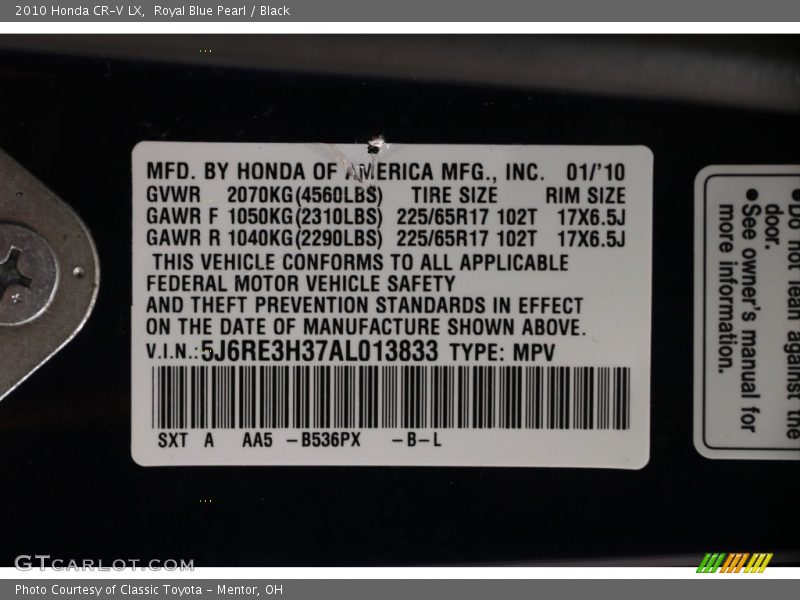 Royal Blue Pearl / Black 2010 Honda CR-V LX