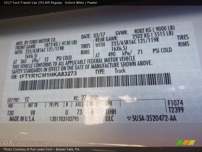 Oxford White / Pewter 2017 Ford Transit Van 250 MR Regular