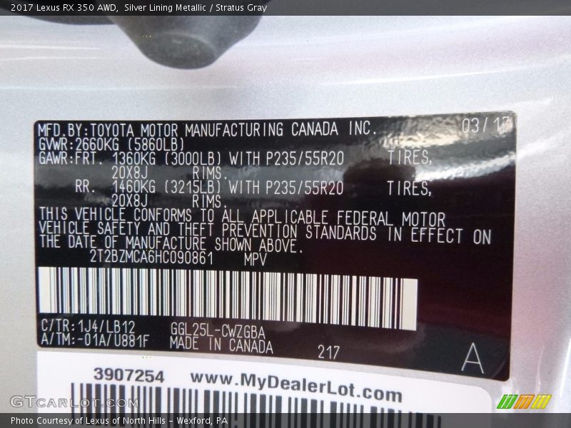 Silver Lining Metallic / Stratus Gray 2017 Lexus RX 350 AWD