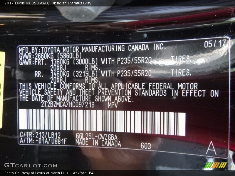Obsidian / Stratus Gray 2017 Lexus RX 350 AWD