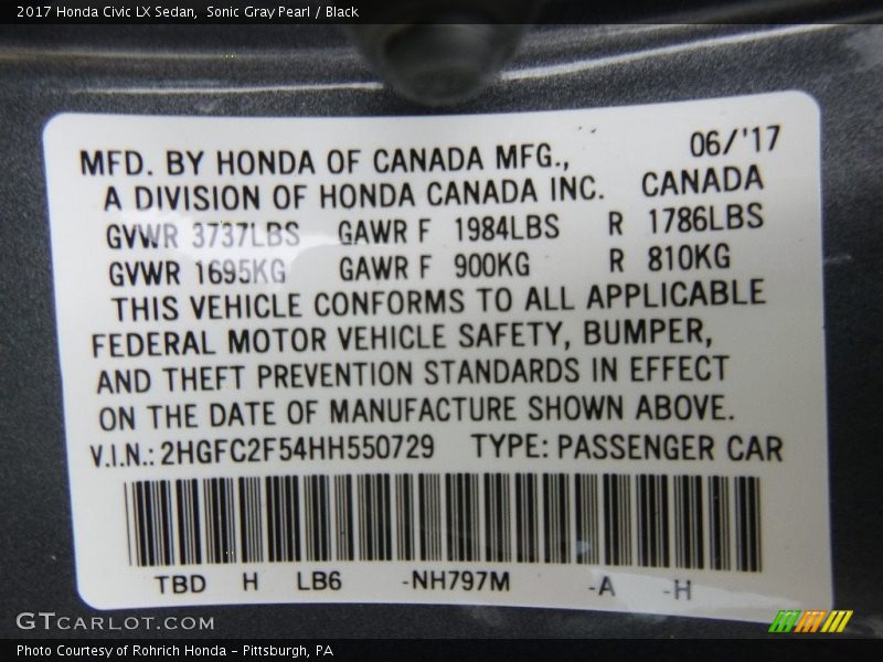 Sonic Gray Pearl / Black 2017 Honda Civic LX Sedan