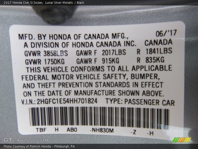 2017 Civic Si Sedan Lunar Silver Metallic Color Code NH830M