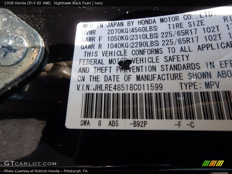 Nighthawk Black Pearl / Ivory 2008 Honda CR-V EX 4WD