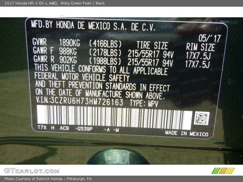 Misty Green Pearl / Black 2017 Honda HR-V EX-L AWD