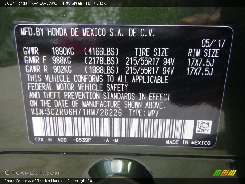 Misty Green Pearl / Black 2017 Honda HR-V EX-L AWD