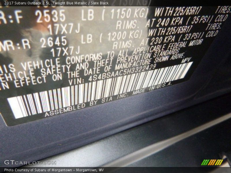 Twilight Blue Metallic / Slate Black 2017 Subaru Outback 2.5i