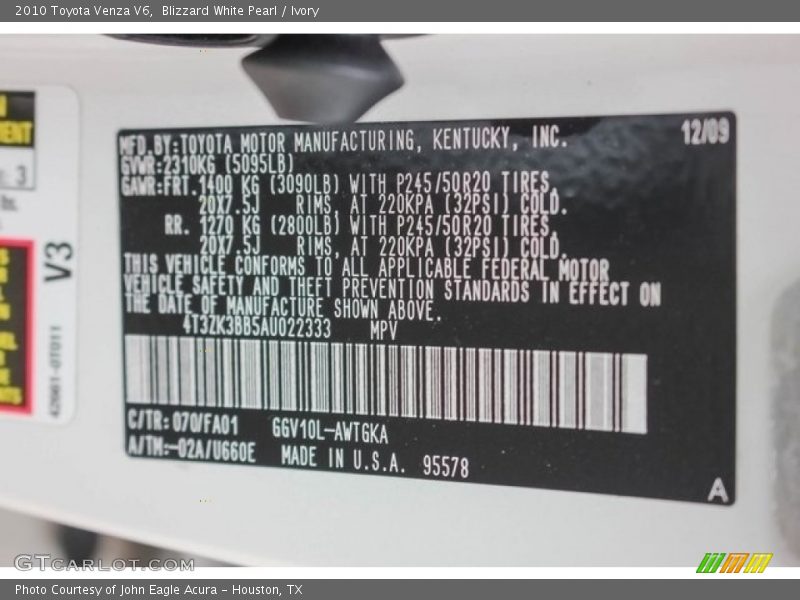 Blizzard White Pearl / Ivory 2010 Toyota Venza V6