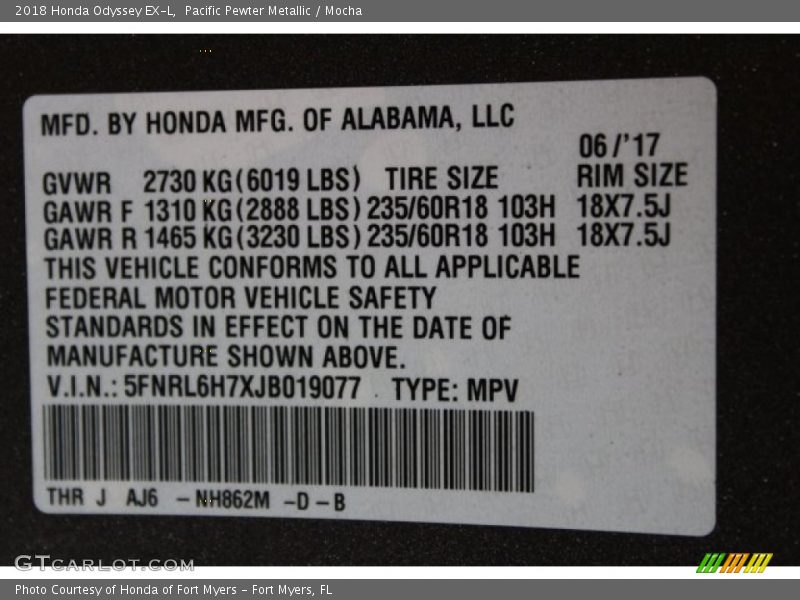 Pacific Pewter Metallic / Mocha 2018 Honda Odyssey EX-L