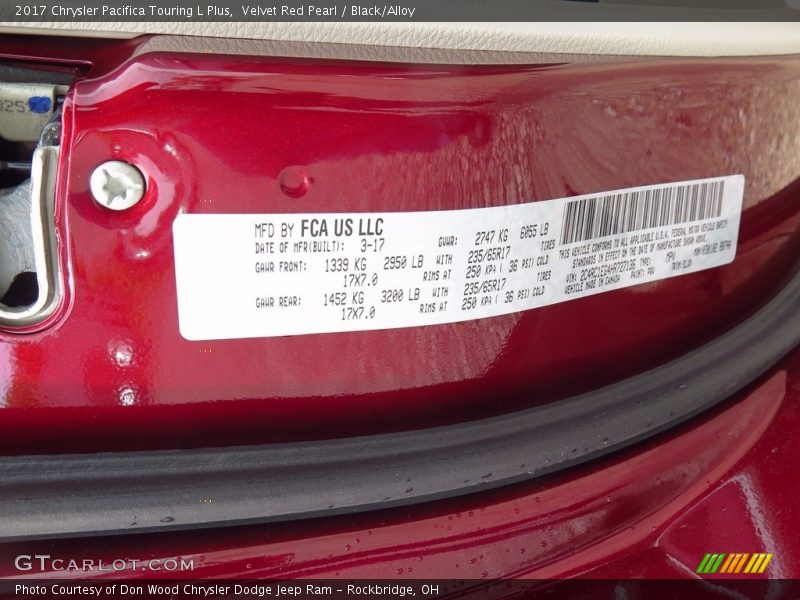 Velvet Red Pearl / Black/Alloy 2017 Chrysler Pacifica Touring L Plus