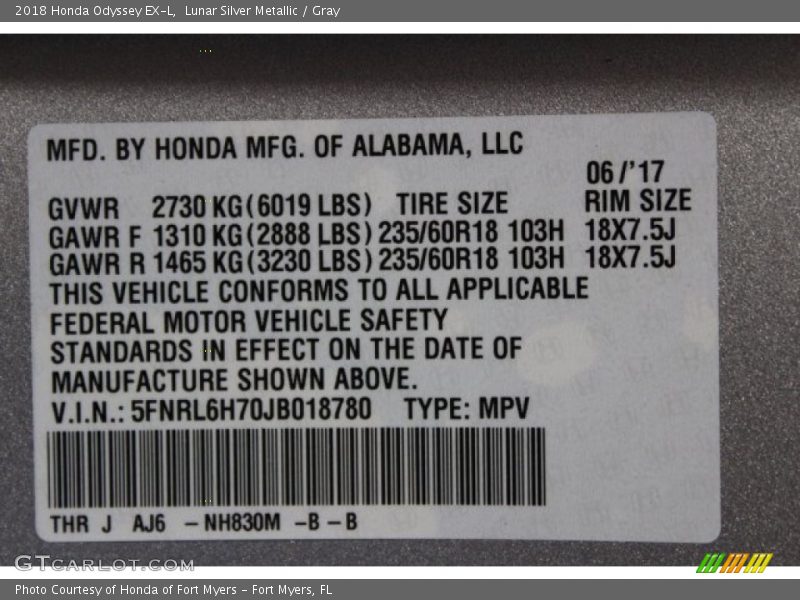 Lunar Silver Metallic / Gray 2018 Honda Odyssey EX-L