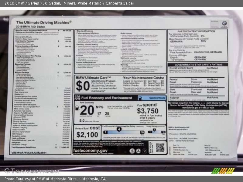  2018 7 Series 750i Sedan Window Sticker