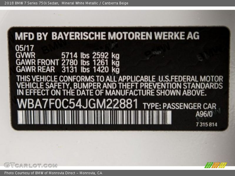 2018 7 Series 750i Sedan Mineral White Metallic Color Code A96