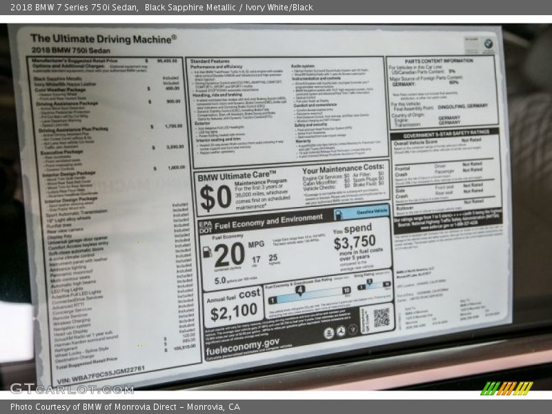  2018 7 Series 750i Sedan Window Sticker