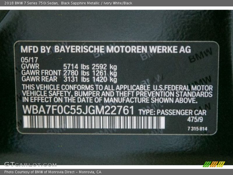 2018 7 Series 750i Sedan Black Sapphire Metallic Color Code 475