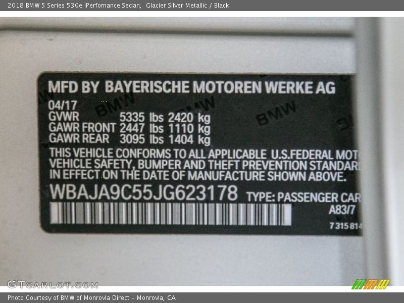 2018 5 Series 530e iPerfomance Sedan Glacier Silver Metallic Color Code A83