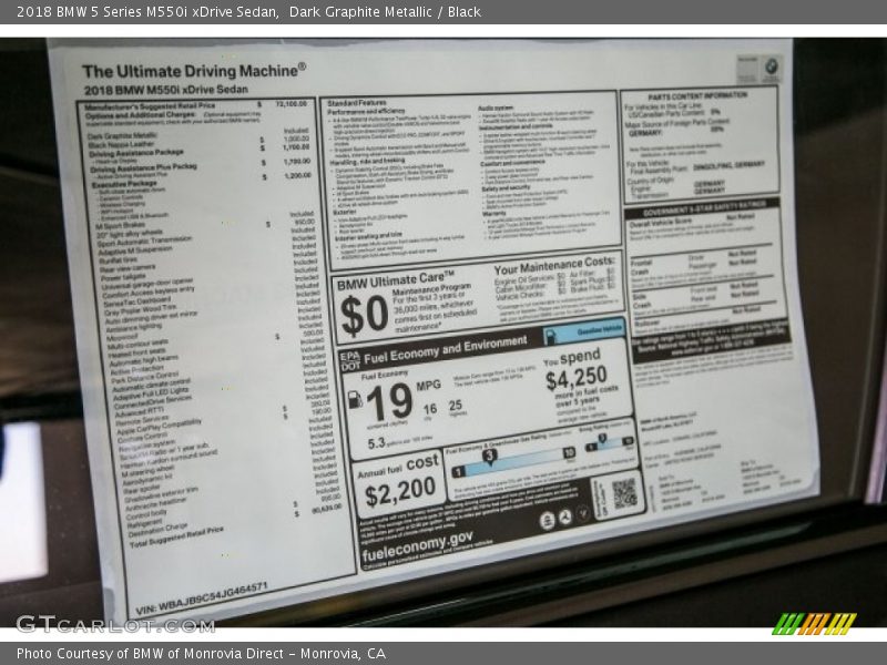  2018 5 Series M550i xDrive Sedan Window Sticker