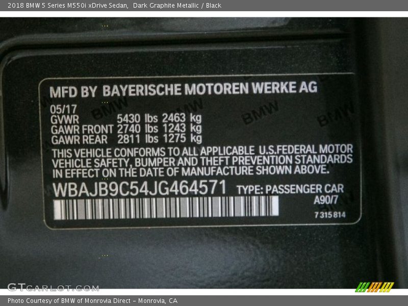 2018 5 Series M550i xDrive Sedan Dark Graphite Metallic Color Code A90