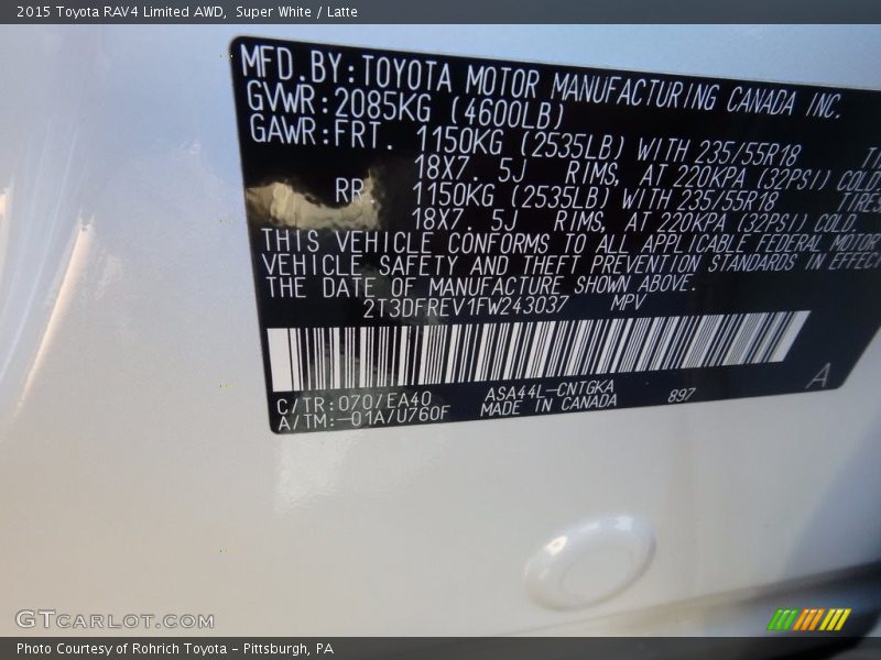 Super White / Latte 2015 Toyota RAV4 Limited AWD