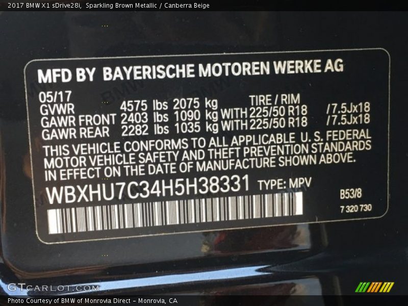 Sparkling Brown Metallic / Canberra Beige 2017 BMW X1 sDrive28i