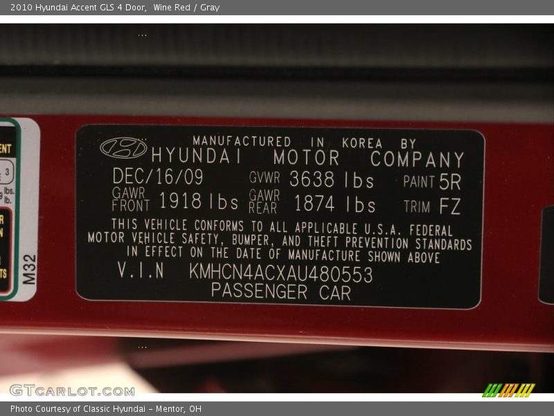 Wine Red / Gray 2010 Hyundai Accent GLS 4 Door