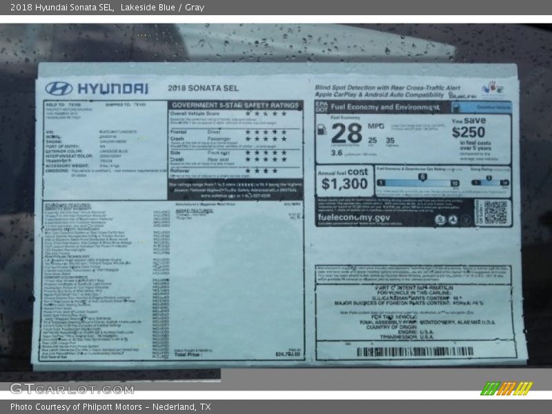  2018 Sonata SEL Window Sticker