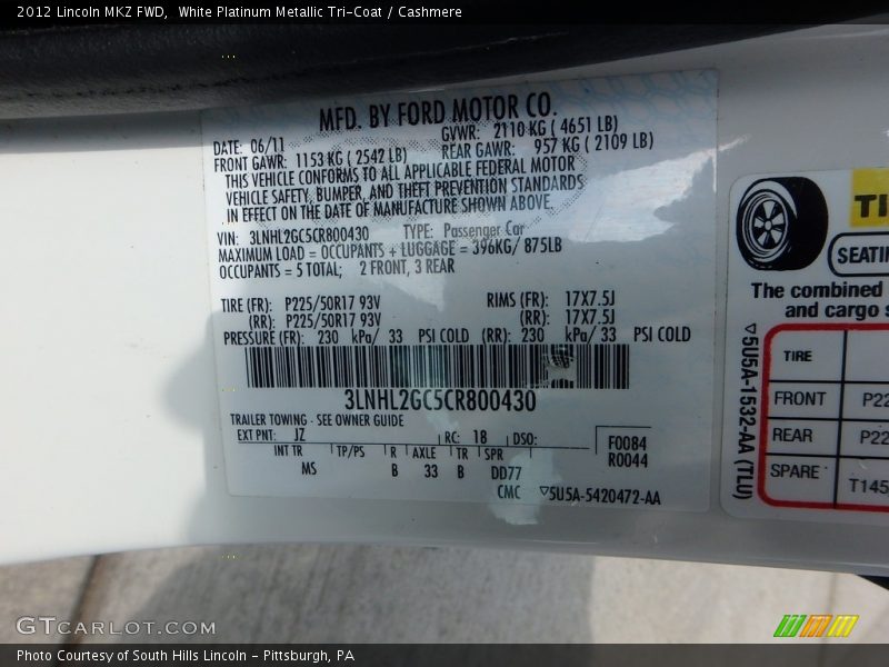 White Platinum Metallic Tri-Coat / Cashmere 2012 Lincoln MKZ FWD
