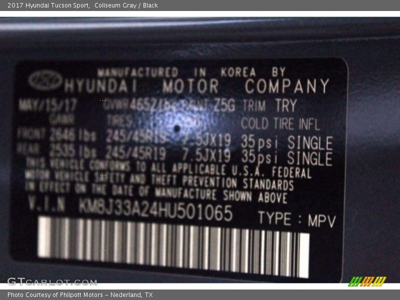 Coliseum Gray / Black 2017 Hyundai Tucson Sport
