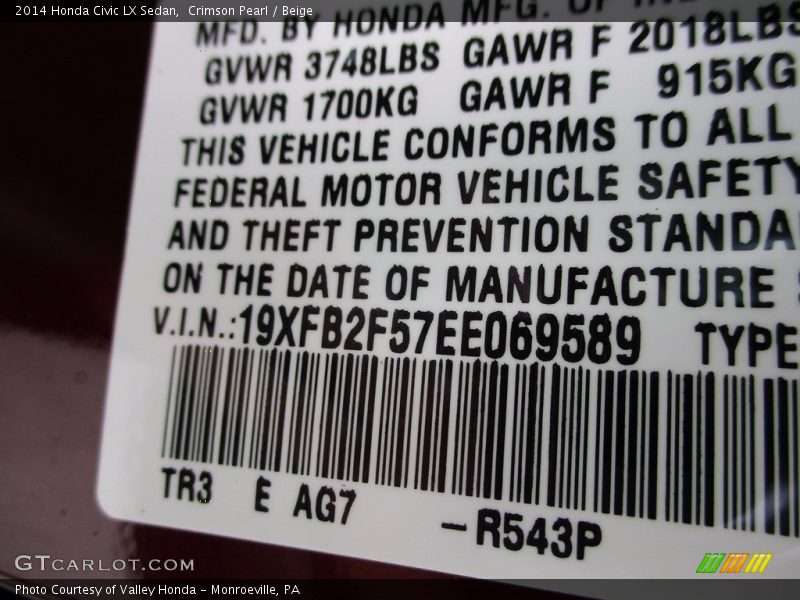 Crimson Pearl / Beige 2014 Honda Civic LX Sedan