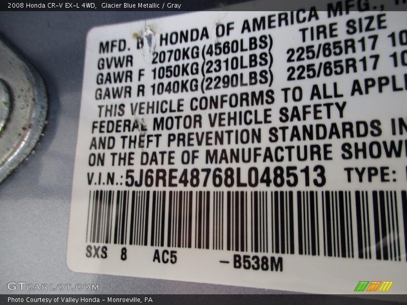 Glacier Blue Metallic / Gray 2008 Honda CR-V EX-L 4WD