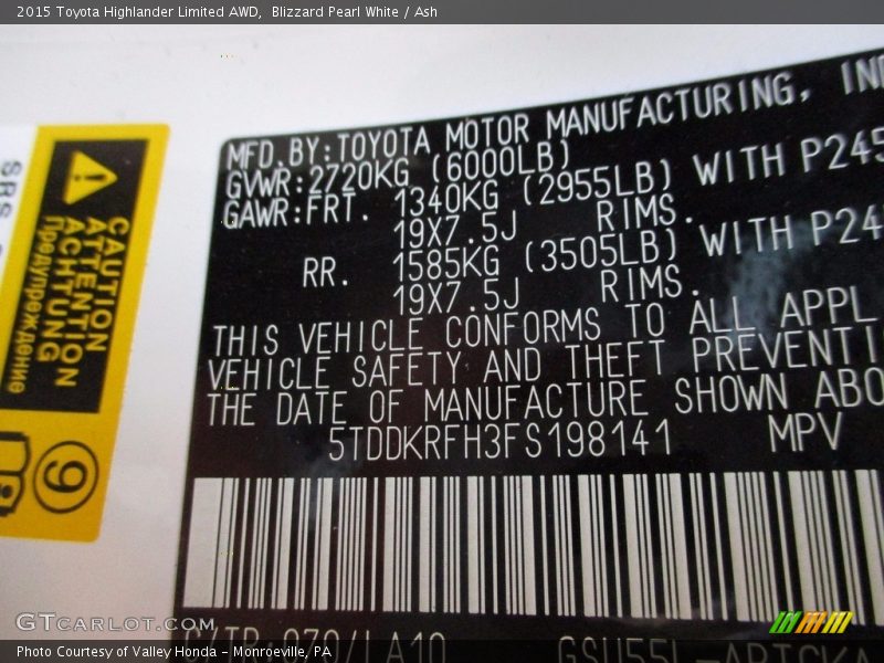 Blizzard Pearl White / Ash 2015 Toyota Highlander Limited AWD